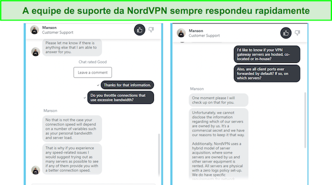 O suporte de chat ao vivo 24 horas por dia, 7 dias por semana da NordVPN é rápido e útil