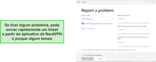Visão geral do recurso de tickets no aplicativo da NordVPN que permite aos usuários relatar problemas de dentro do aplicativo.
