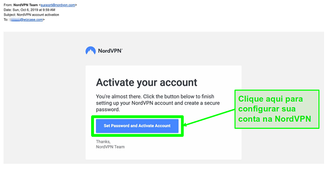 Captura de tela do email de ativação da conta NordVPN