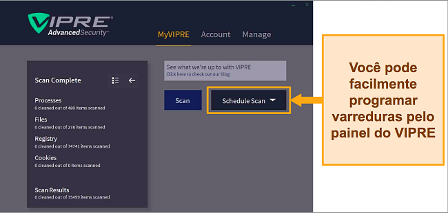 Captura de tela do painel VIPRE Advanced Security mostrando as opções de verificação