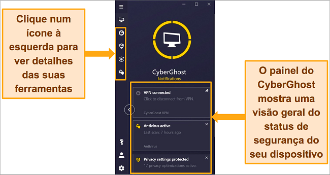 Captura de tela do painel do CyberGhost Security Suite