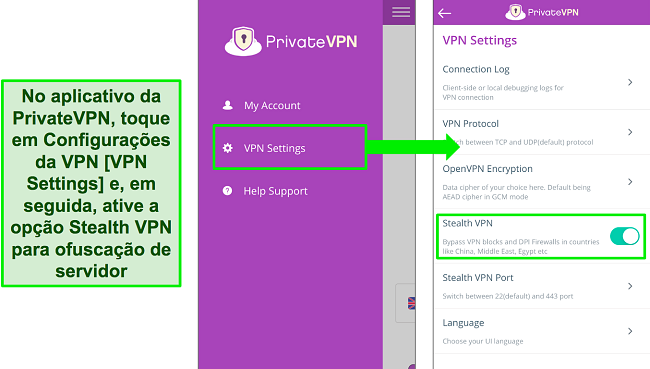 Capturas de tela do aplicativo iOS PrivateVPN mostrando como ativar o recurso Stealth VPN