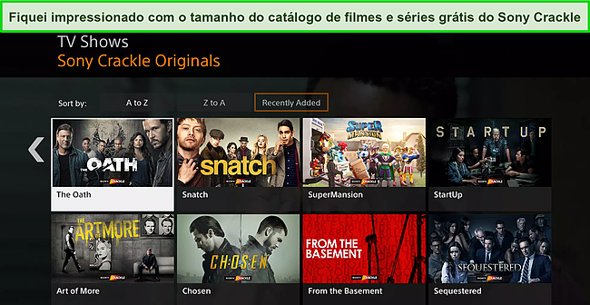 Captura de tela da biblioteca de programas de TV do Sony Crackle.