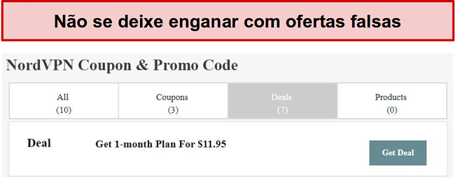 Um site que mostra um acordo de desconto falso da NordVPN