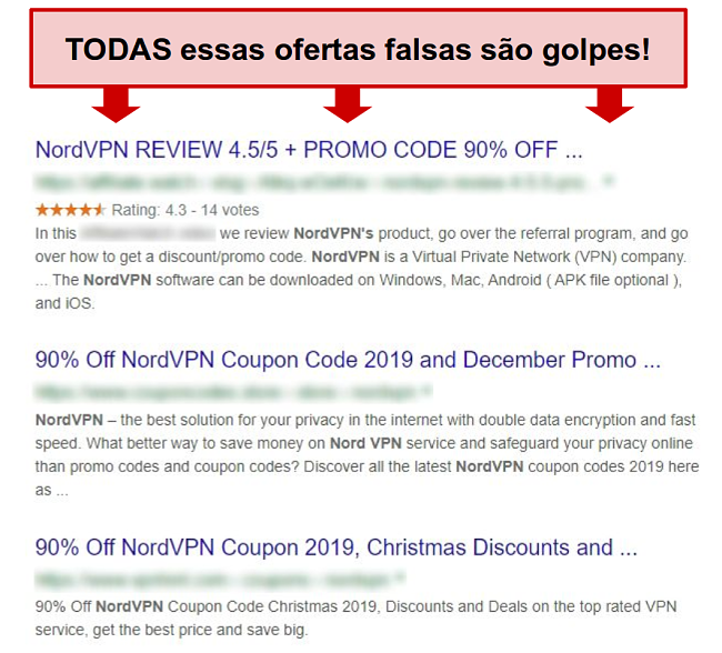 Resultados do Google mostrando descontos falsos no NordVPN