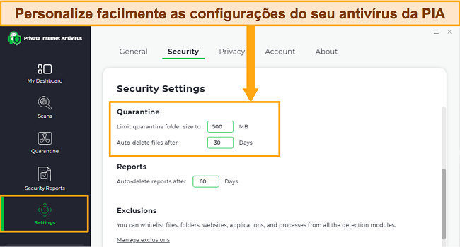 Captura de tela das configurações de segurança do PIA Antivirus mostrando opções de configuração personalizáveis