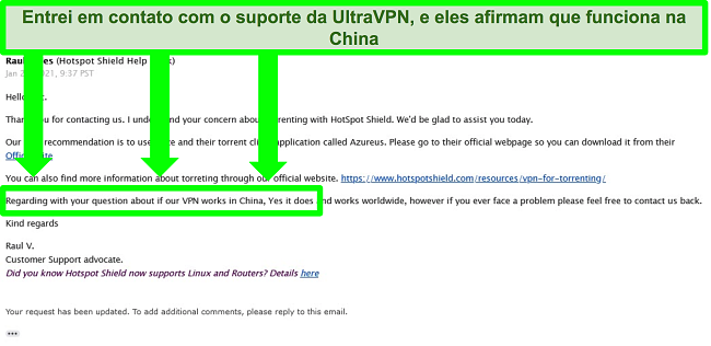 Captura de tela de uma troca de e-mail com suporte a UltraVPN sobre torrent e se a VPN funciona na China