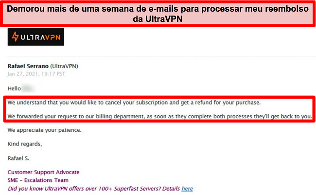 Captura de tela de um e-mail do suporte UltraVPN dizendo que minha solicitação de reembolso ainda está sendo processada