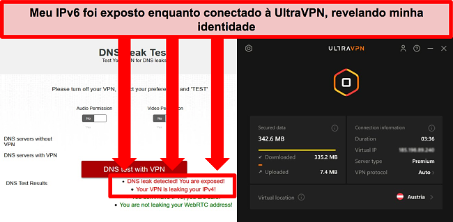 Captura de tela de um teste de vazamento de IPv6 com falha enquanto o UltraVPN está conectado a um servidor na Áustria