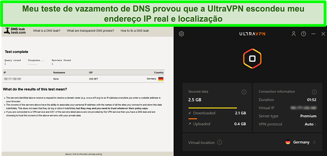 Captura de tela de um teste de vazamento de DNS bem-sucedido enquanto o UltraVPN está conectado a um servidor na Alemanha