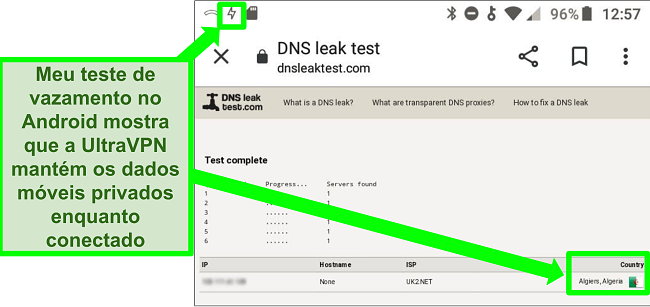 Captura de tela de um teste de vazamento de DNS bem-sucedido enquanto o UltraVPN no Android está conectado a um servidor na Argélia