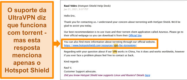 Captura de tela de uma resposta por e-mail do suporte técnico do Hotspot Shield sobre torrent e uso na China