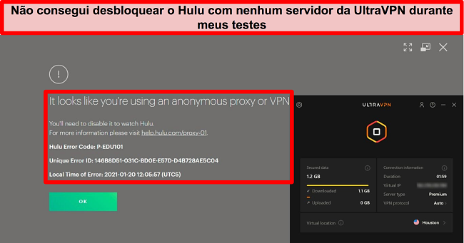 Captura de tela do erro de IP de proxy do Hulu enquanto o UltraVPN está conectado a um servidor nos EUA