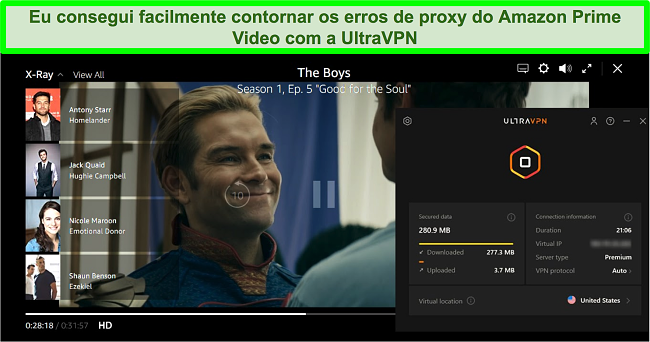 Captura de tela de The Boys no Amazon Prime Video enquanto UltraVPN está conectado a um servidor nos EUA