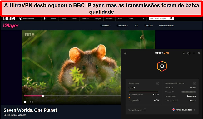 Captura de tela do BBC iPlayer desbloqueado pelo servidor UltraVNc no Reino Unido