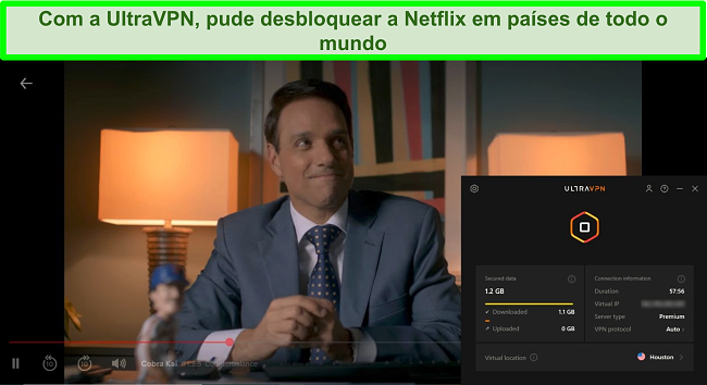 Captura de tela do Cobra Kai jogando no Netflix enquanto o UltraVPN está conectado a um servidor em Houston