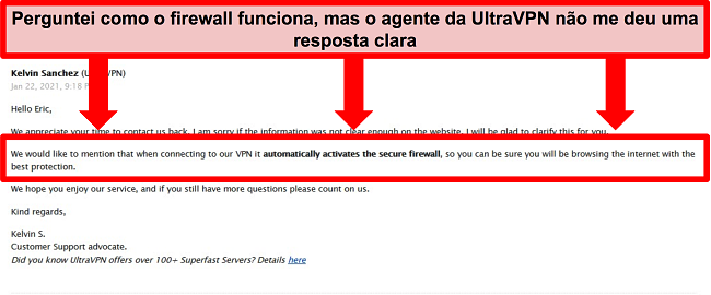 Captura de tela de um e-mail do suporte técnico UltraVPN