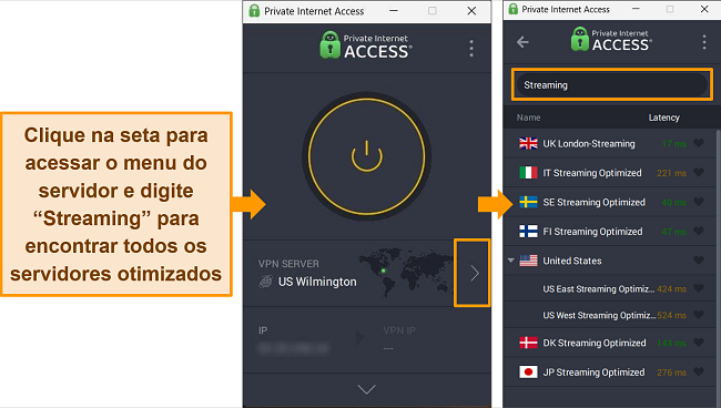 Captura de tela dos servidores de streaming da PIA encontrados digitando ‘streaming’ na barra de pesquisa