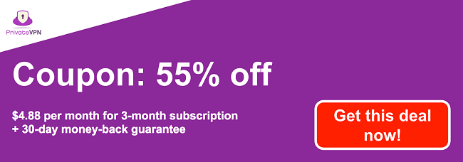 Graphic of a working PrivateVPN coupon with 55% off a 3-month subscription and a 30-day money-back guarantee