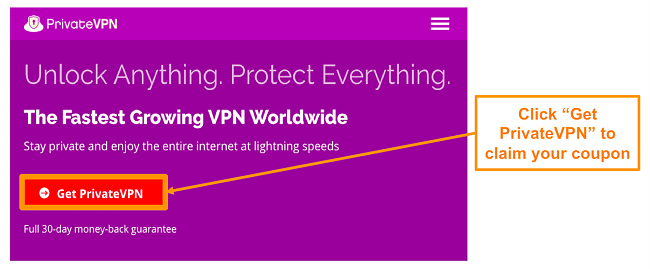 Screenshot of PrivateVPN's home screen with a 
