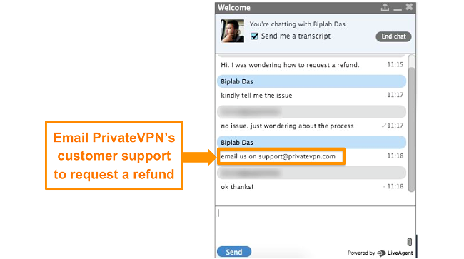 Screenshot of a PrivateVPN live chat agent providing instructions to send a refund request through email