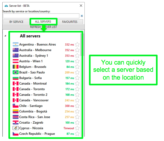 Screenshot of PrivateVPN server locations under the 