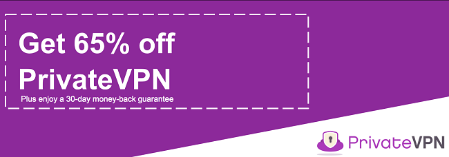 Graphic of a working PrivateVPN coupon offering a 65% discount with a 30-day money-back guarantee
