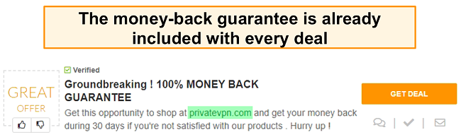 Screenshot of a PrivateVPN coupon advertising a money-back guarantee as a "deal"