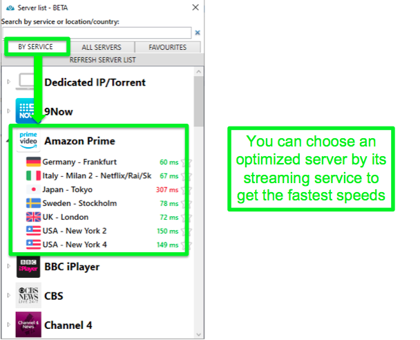 Screenshot of streaming server options for PrivateVPN