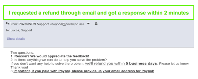 Screenshot of PrivateVPN quickly responding to my refund request through email