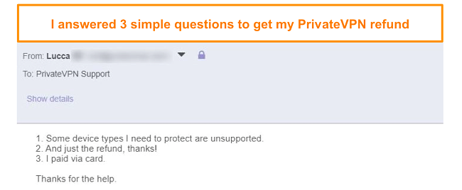Screenshot of responses to request a PrivateVPN refund through email