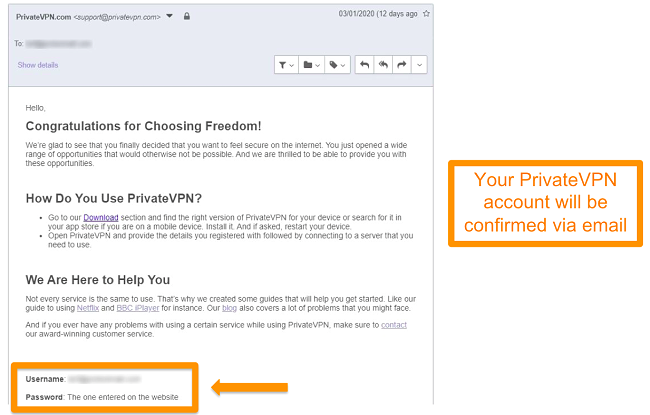Screenshot of a PrivateVPN email confirmation after signing up for an account