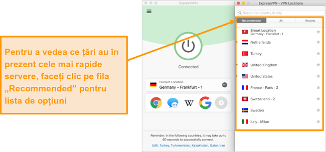 Captură de ecran a aplicației ExpressVPN care prezintă serverele recomandate