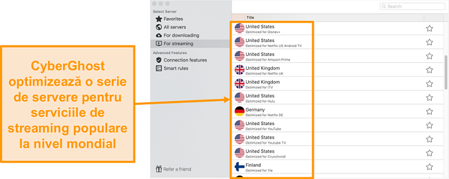 Captură de ecran a aplicației CyberGhost pentru Mac care arată serverele optimizate pentru streaming