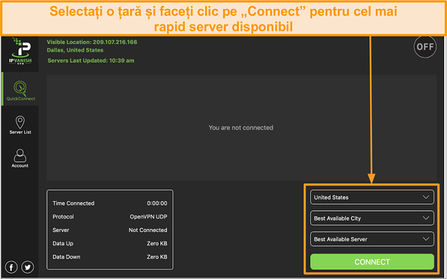 Captură de ecran a interfeței aplicației IPVanish și a secțiunii „Conectare rapidă”