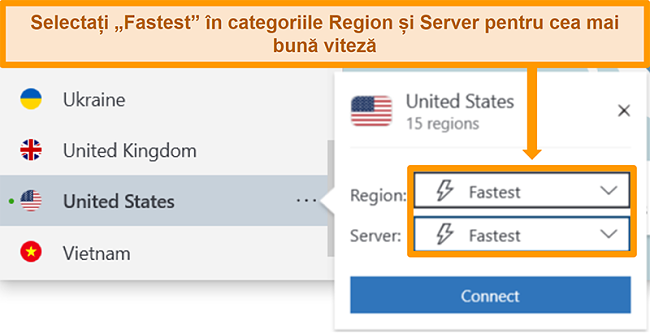 Captură de ecran a opțiunilor serverului NordVPN pentru SUA care arată cea mai rapidă regiune și server