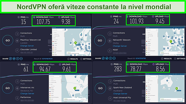 Capturi de ecran ale testelor de viteză cu NordVPN conectat la diferite servere globale