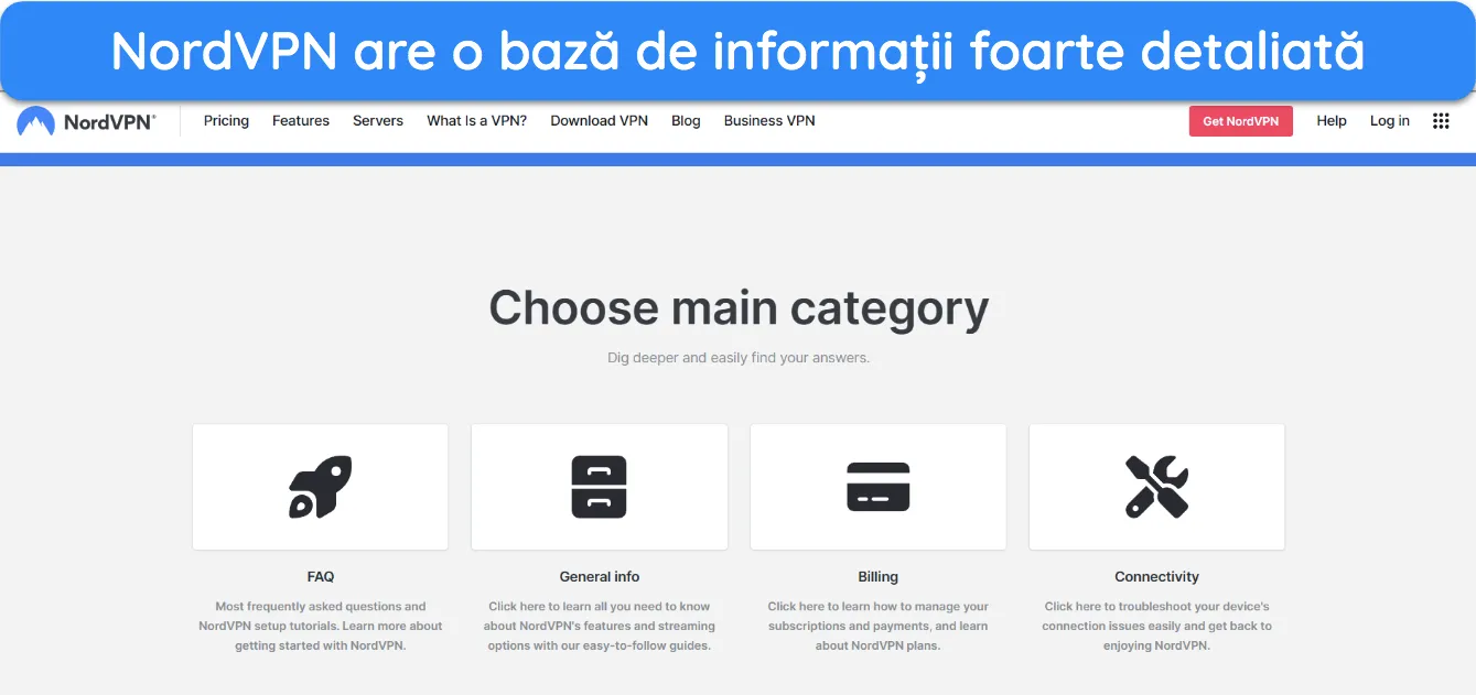 Captură de ecran care arată pagina de pornire a bazei de cunoștințe NordVPN.