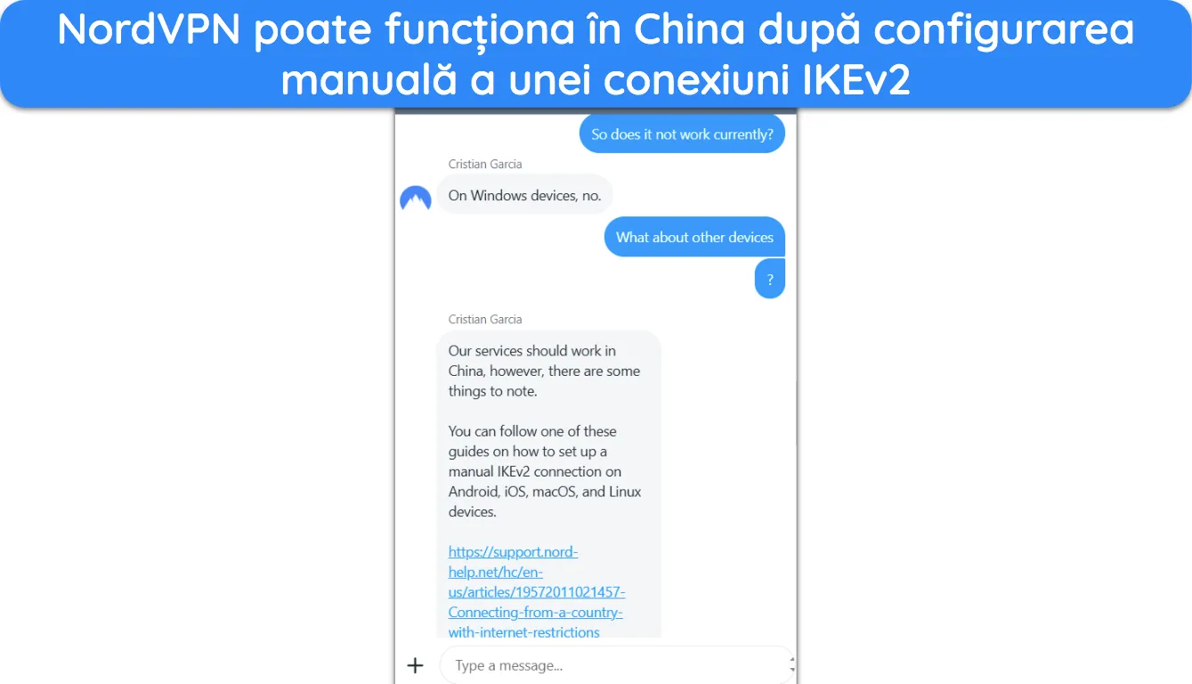 Captură de ecran a suportului NordVPN care explică cum poate funcționa VPN-ul în China.