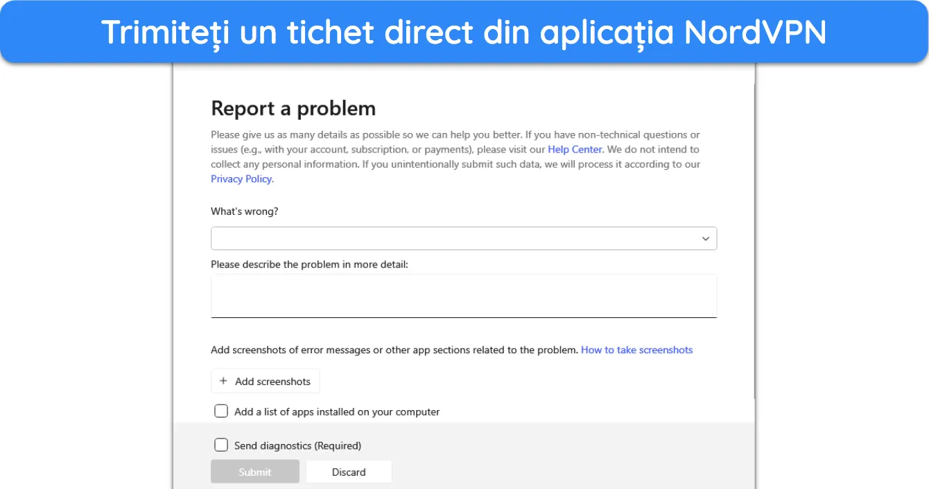 Captură de ecran a funcției de ticketing disponibilă în aplicațiile NordVPN.
