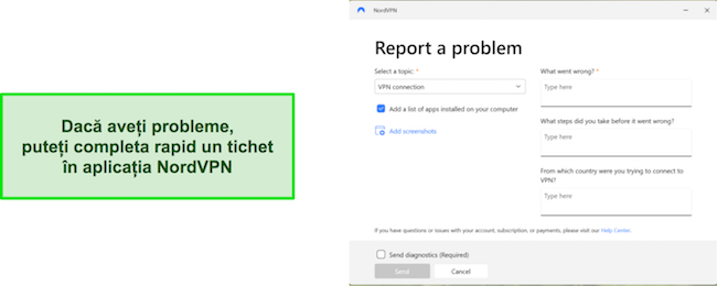 Prezentare generală a funcției de ticketing în aplicație NordVPN, care permite utilizatorilor să raporteze probleme din interiorul aplicației.