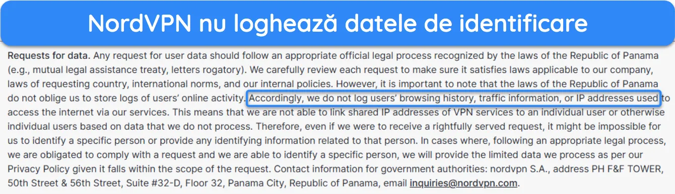 Captură de ecran care arată cum NordVPN nu înregistrează nicio informație de identificare.