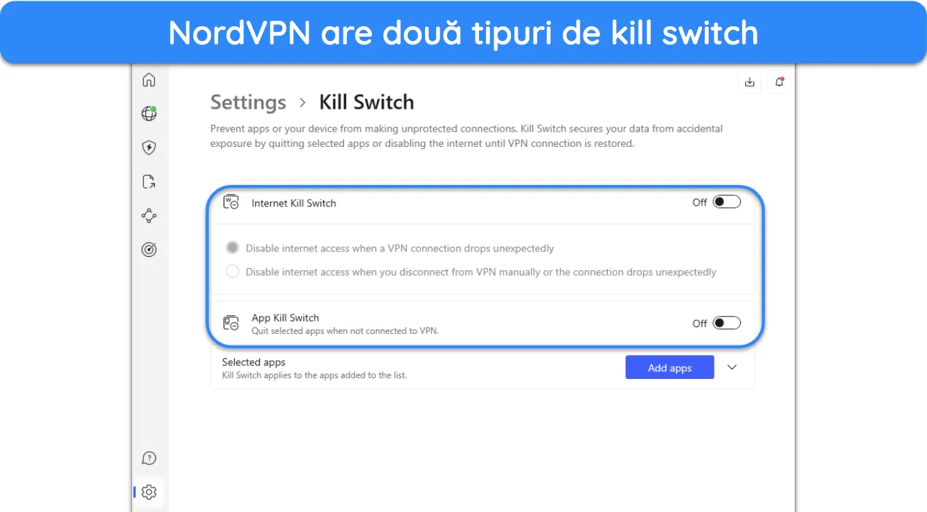 Captură de ecran a opțiunilor comutatorului de ucidere din meniul de setări al NordVPN.