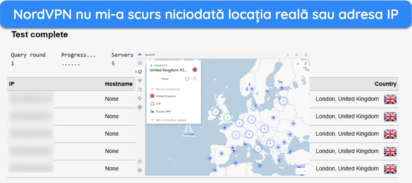 Captură de ecran a rezultatului unui test de scurgere în timp ce este conectat la NordVPN.
