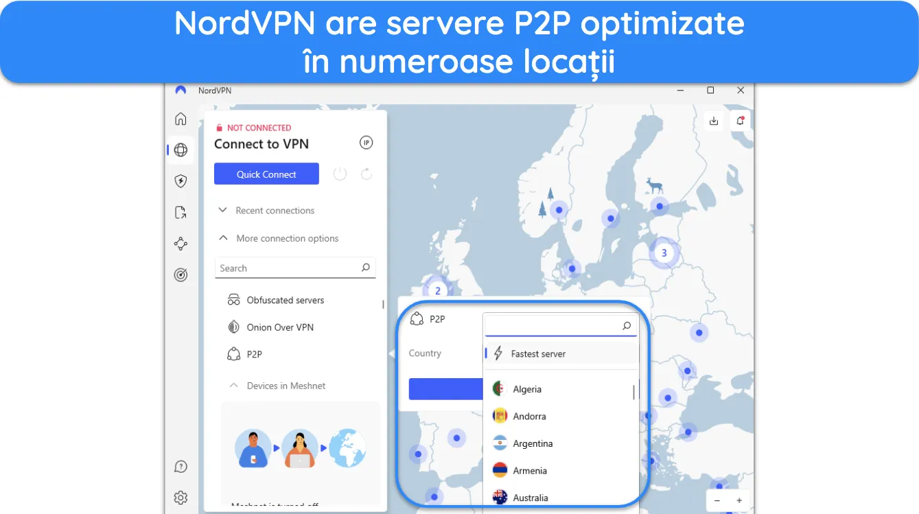 Captură de ecran care arată țările în care NordVPN oferă servere optimizate pentru P2P.