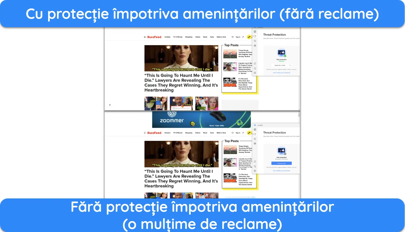 Captură de ecran care arată un site web încărcat cu și fără Protecția împotriva amenințărilor NordVPN.
