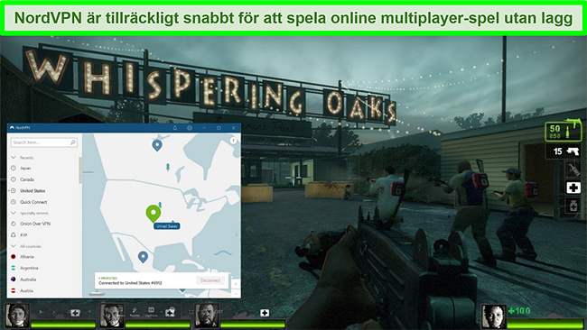 Skärmdump av NordVPN ansluten till en amerikansk server medan spelet Left 4 Dead 2 spelas