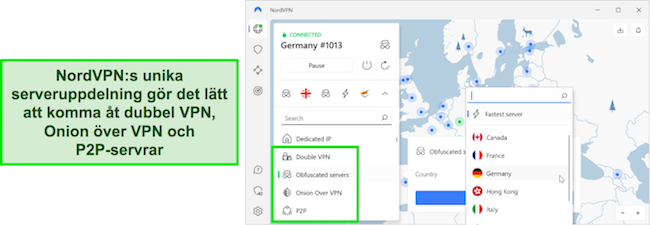 Översikt över NordVPN:s specialservervalsområde.