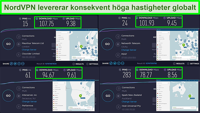 Skärmdumpar av hastighetstester med NordVPN ansluten till olika globala servrar