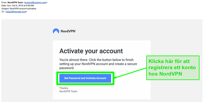 Skärmdump av e-post med aktivering av NordVPN-konto